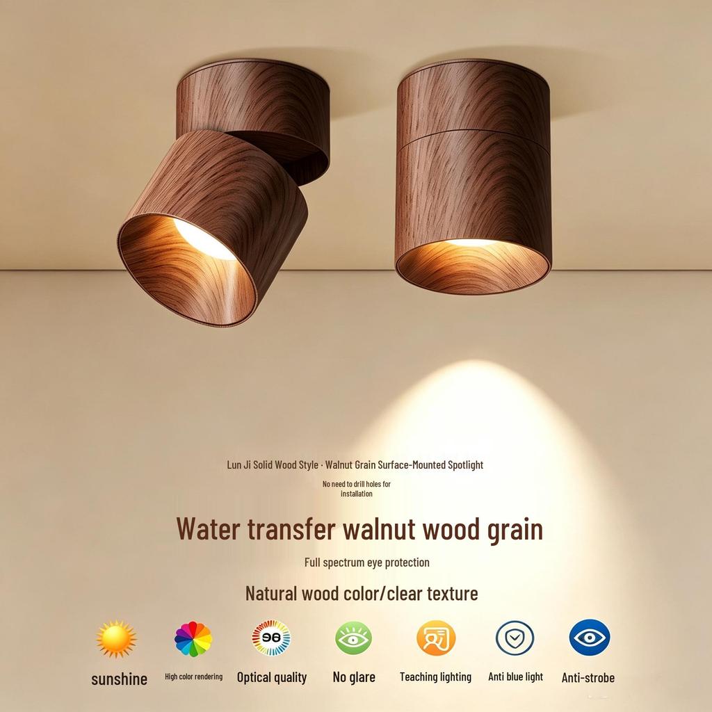 Wind Walnut Surface-Mounted Spotlight, No Hole Needed, Full Spectrum Eye Protection for Corridor, Hallway, Living Room.