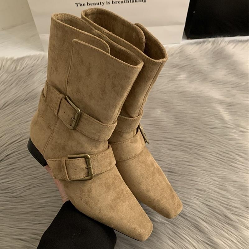 

Fashion Suede Metal Buckle Belt Ankle Boots Sexy Square Toe Suqare Heel New Arrivals Fashion Women Modern Slouchy Boots 35