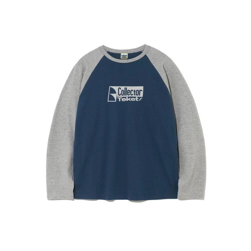 

Ретро Контрастный Цвет Длинный Рукав Свободная Хлопковая Мужская и Женская Футболка In stock, Blue((No sanding quality)) M