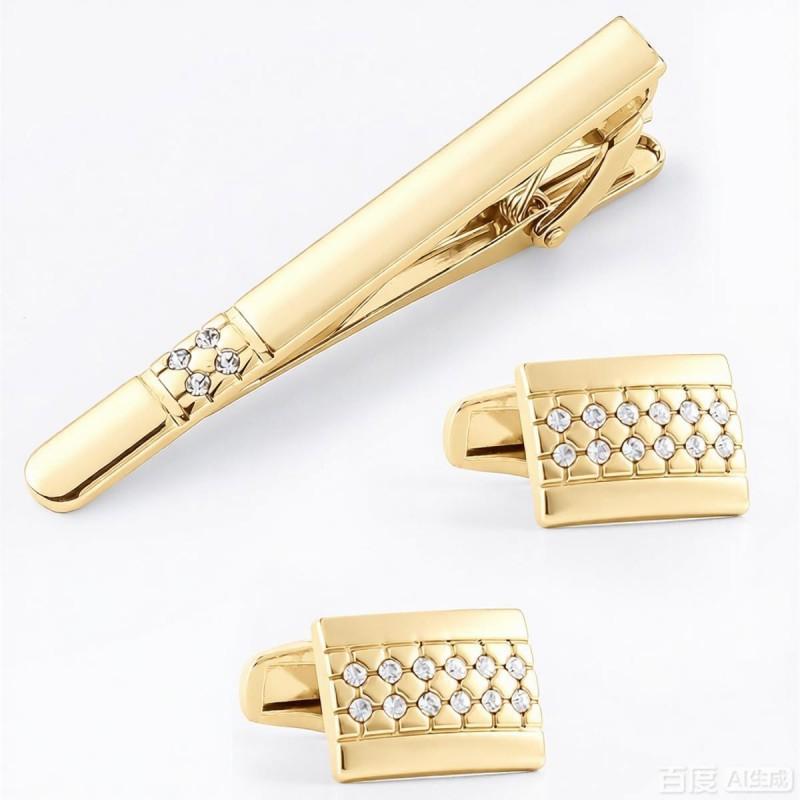 

New Rectangular Curved Diamond-encrusted Cuff Links Collar Clip Set STXC-0034 золотистый