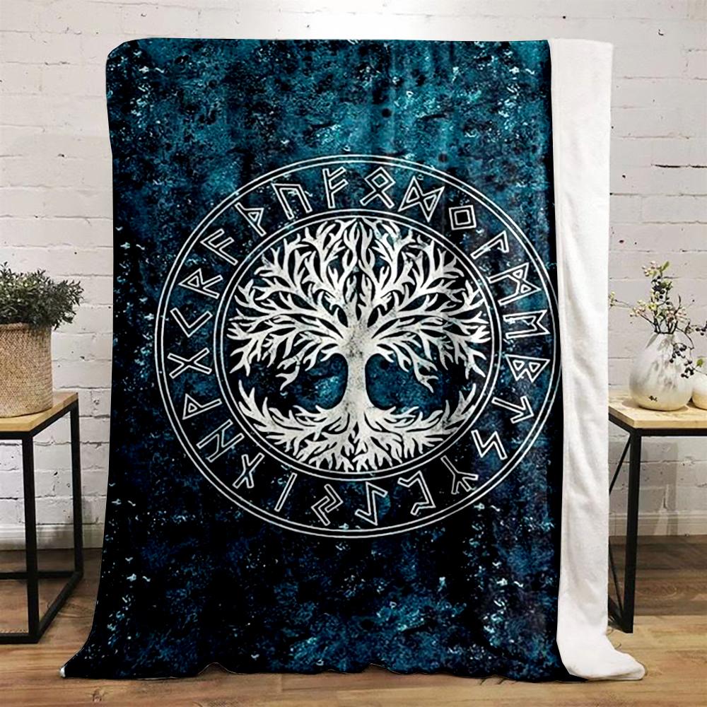 Tree of Life with Nordic Runes Printed Flannel Blanket for Bedroom, Living Room, Sofa, and Nap