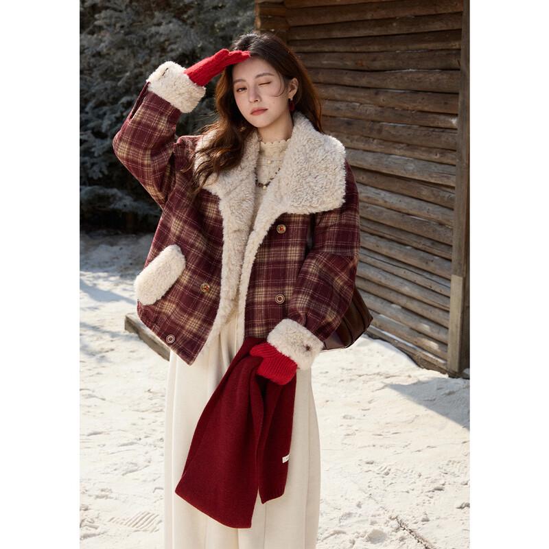 Mixiu Women s Retro Plaid Lamb Wool Padded Jacket S