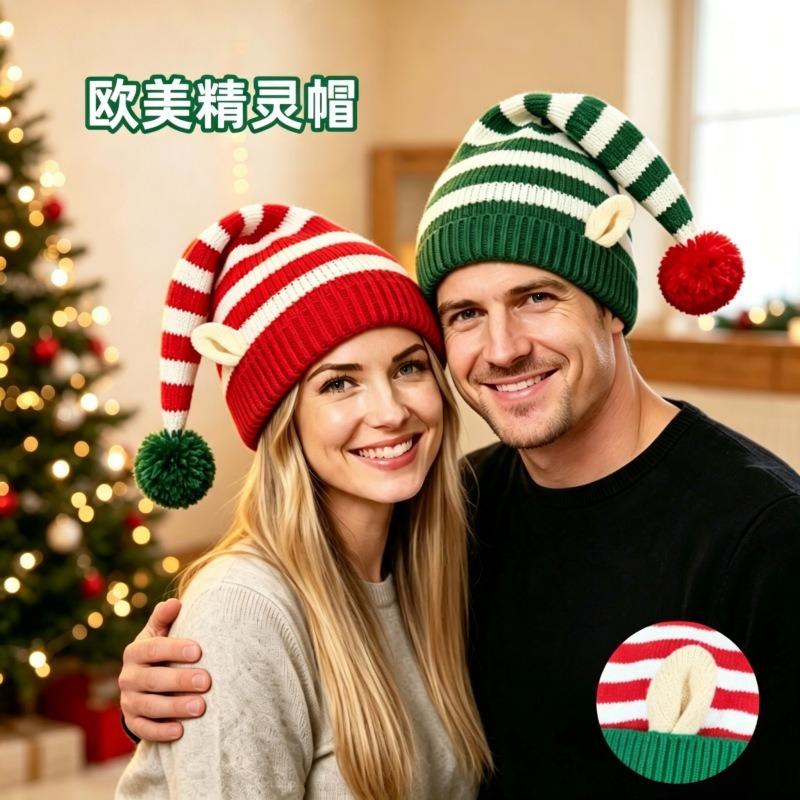 Elf Ear Christmas Hat Striped Knit Winter Warm Beanie For Men Women