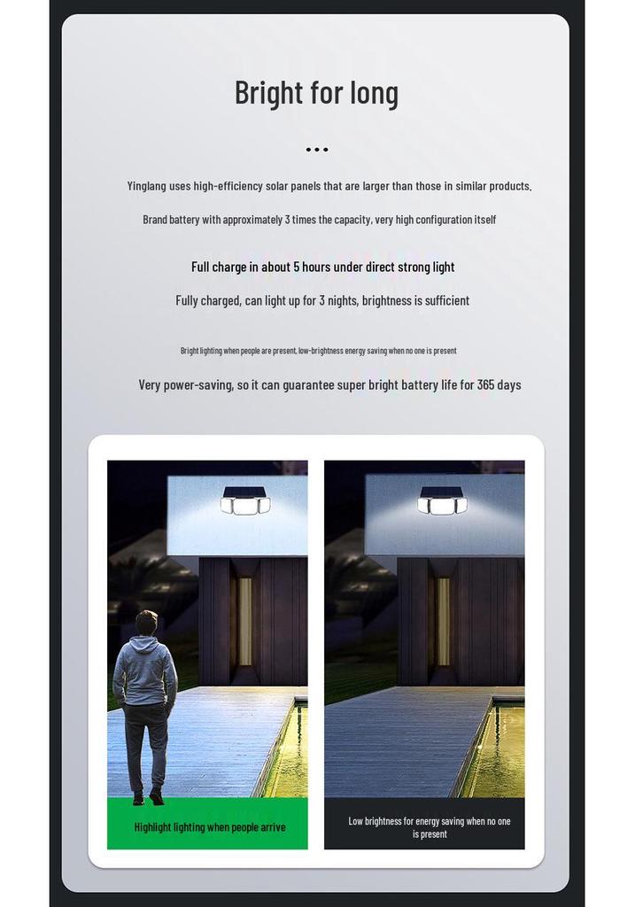 Yinglang Outdoor Solar Wall Light: Three-Sided Super Bright Illumination, Long Lifespan for Courtyard and Home Entrance.