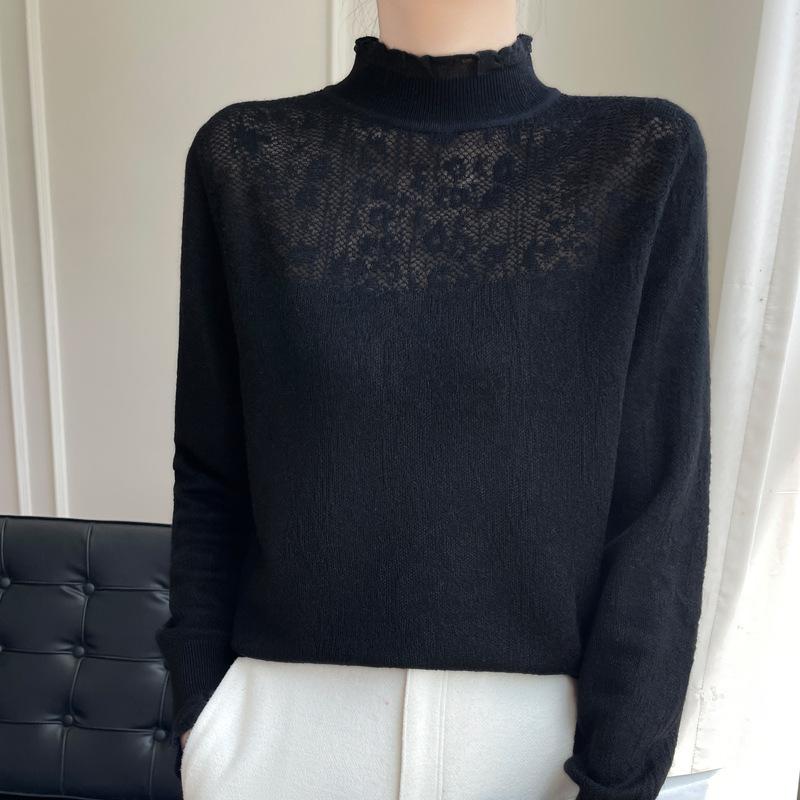 

осень зима полувысокий воротник кружево крючком милый свитер женский оборки однотонный все сочетается базовый вязаный топ 2XL чёрный