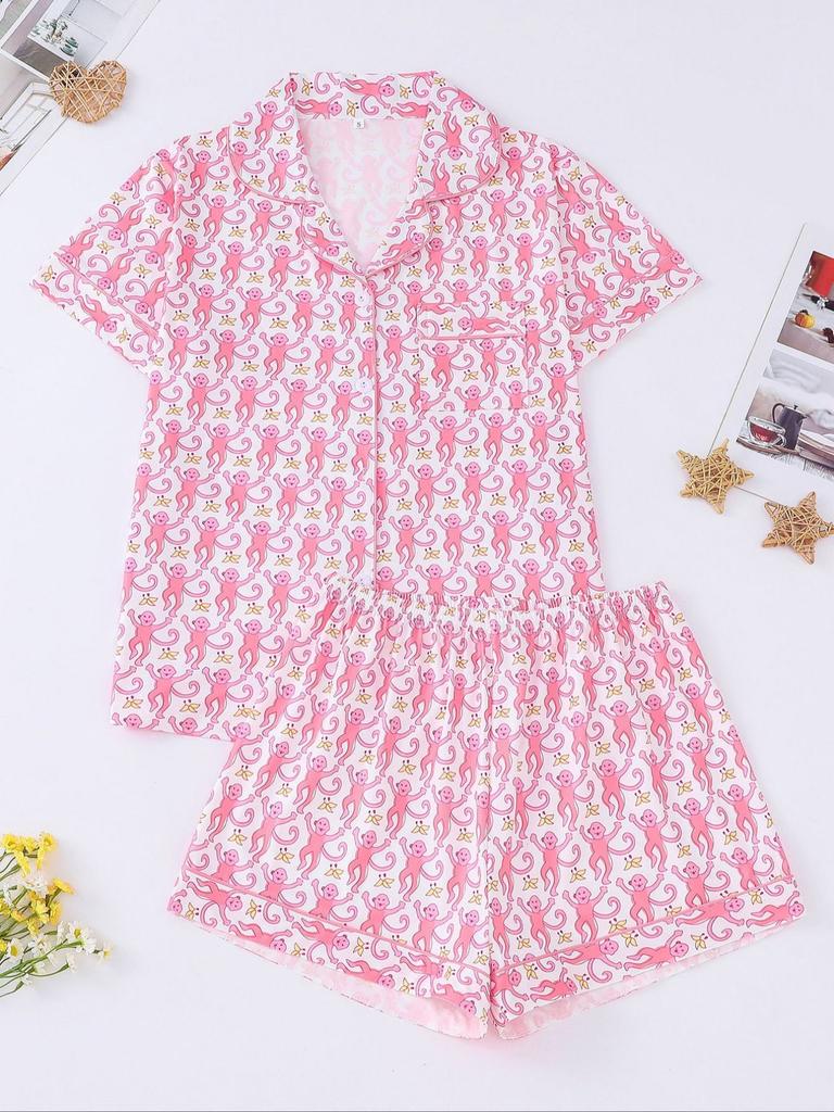 New Women's Pajamas Printed Lapel Collar Short-sleeved Shorts European and American Loungewear Cardigan Loose and Comfortable