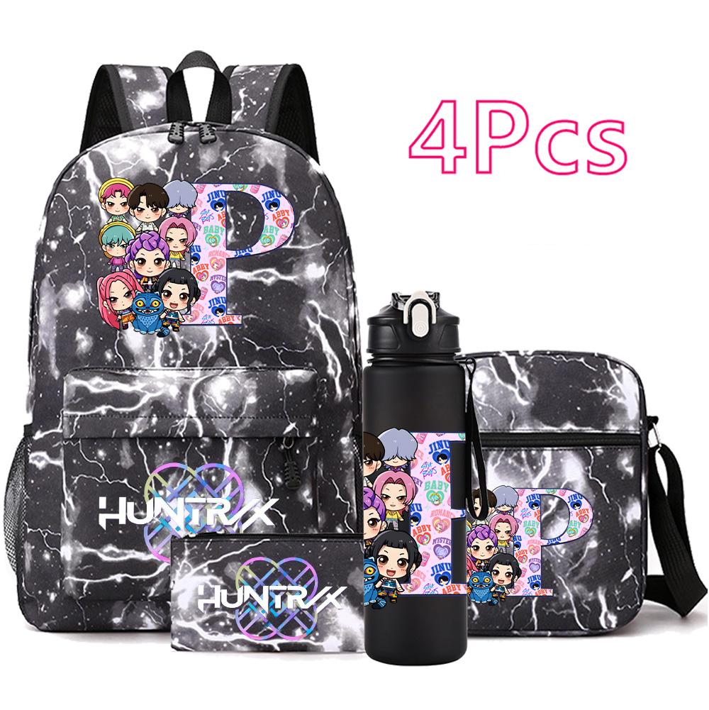4Pcs/set 26 English Letter KPop Printed Backpack with 750Ml Water Bottler for Teenager Student Girl Boy Bookbag Kid Gift Large Capacity Travel Bag