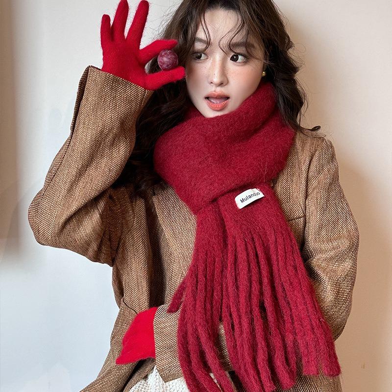 Ankara red wool Christmas solid color wool scarf women's winter high-end atmosphere shawl