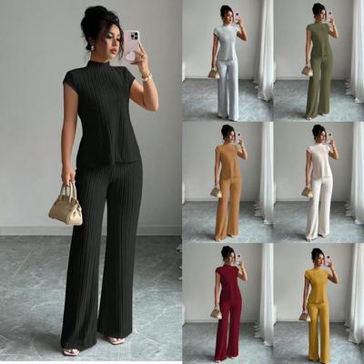 Ensemble deux pièces pour femme : haut à manches courtes et pantalon large - Tenue décontractée multicolore
