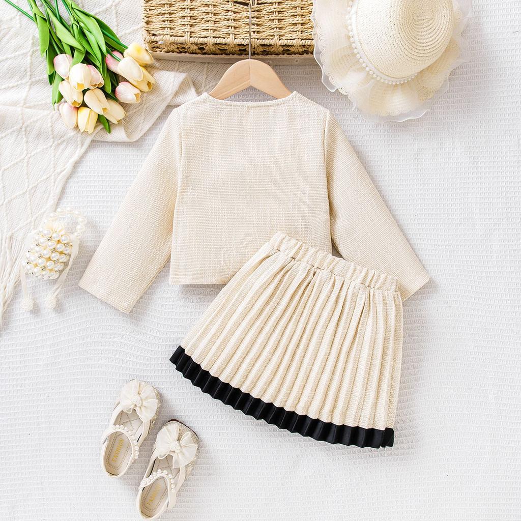 Girls' Sweet Set Spring and Autumn Children's Fashion Bow Coat Pleated Skirt Set