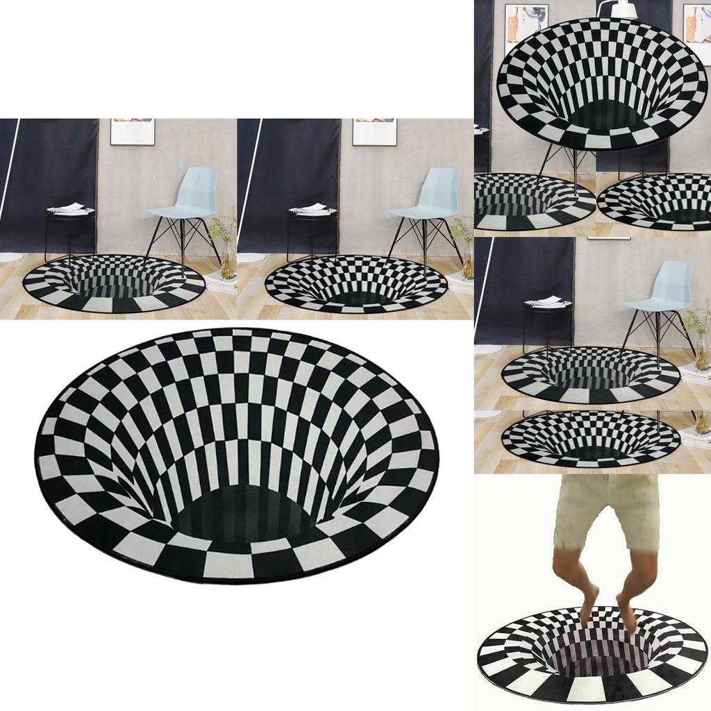 Luxurious Oval Black White Grid 3d Illusion Vortex Bottomless Hole Non-slip Carpet