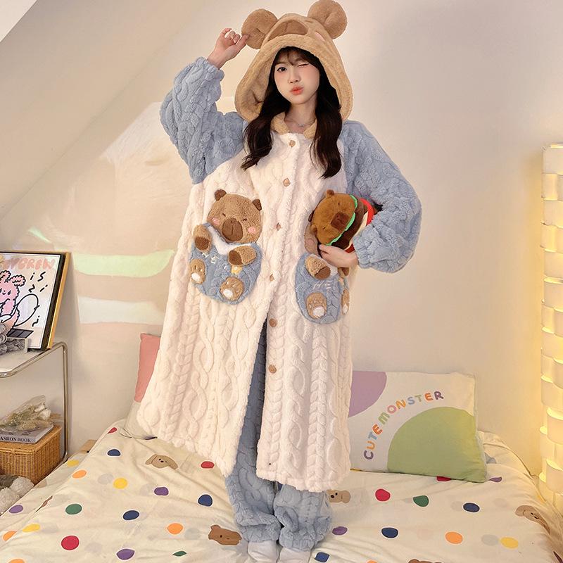 Women's Winter Plus Velvet Coral Fleece Nightgown - Cute Thick Flannel Home Wear