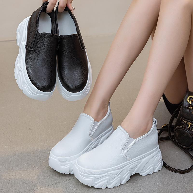 Fashion 9CM Genuine Leather Platform Sneakers for Women White Shoes Wedge Chunky Loafers Shoes Footwear Female Slip On Slipony Shoes