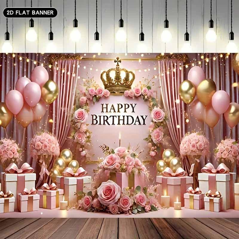 2D flat 1pc banner - Birthday Celebration Flag luxurious crown pink roses balloonszyc