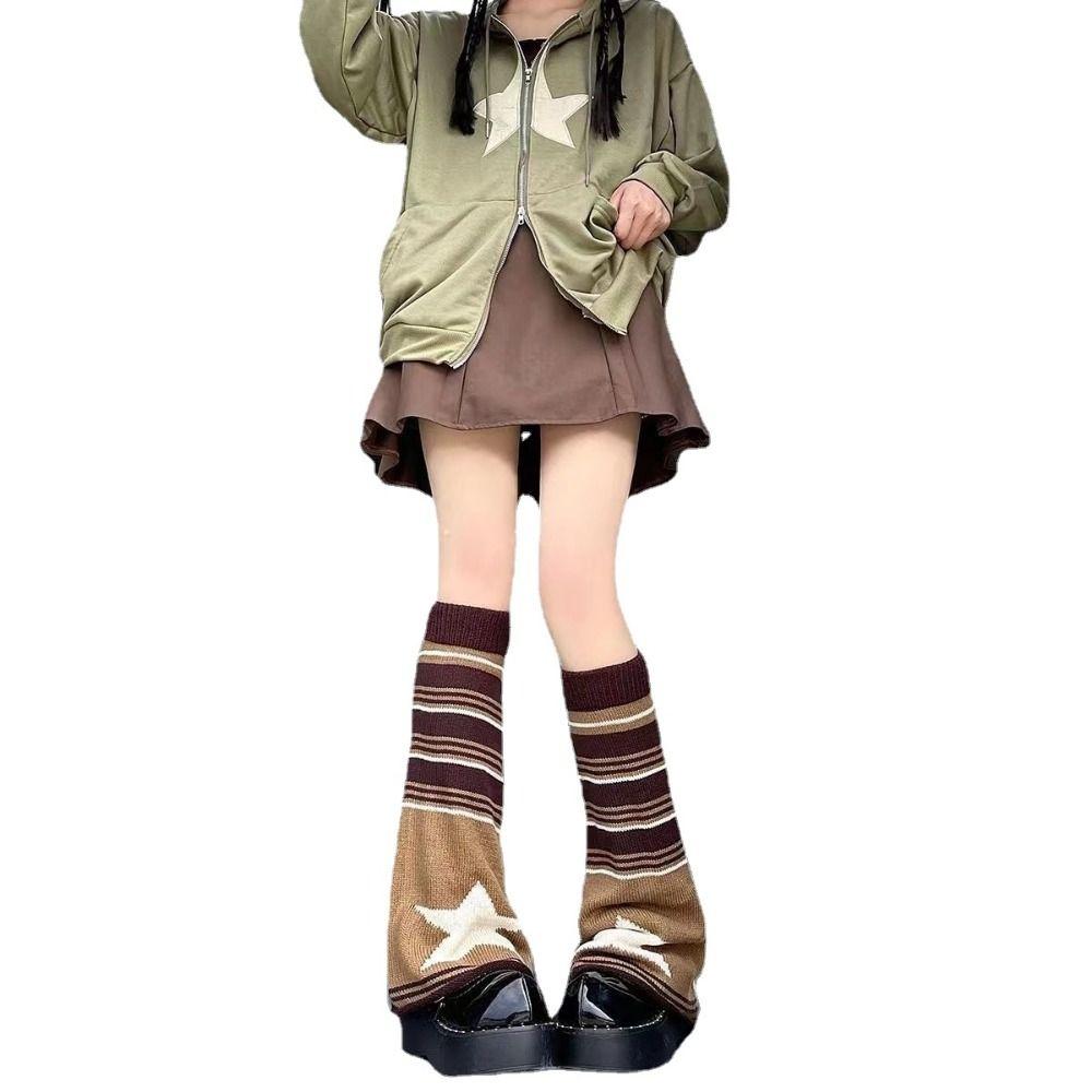 Harajuku Pink Brown Star Leg Warmers Knitted Keep Warm Japanese JK Leg Socks Gothic Y2K Stockings Gift