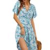 Womens Sundress Summer Floral Short Sleeve Wrap V Neck A-Line Midi Dress