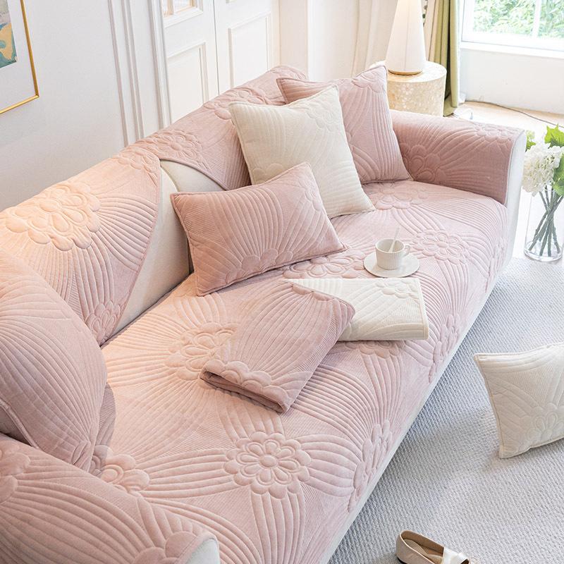 Velvet Short Plush Sofa Cushion Embossed Design Non-slip Cushion Towel Machine Washable Home Decor Slipcover