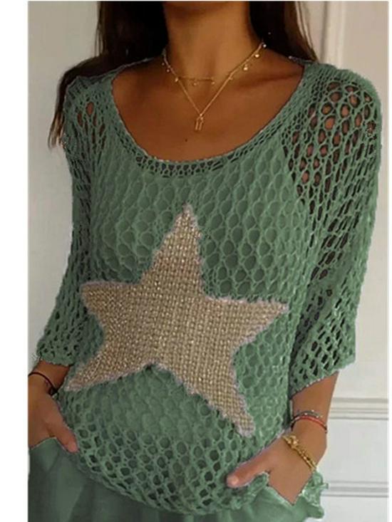 Elegant European & American Style Five-Star Round Neck Sweater with Three-Quarter Sleeves for Women