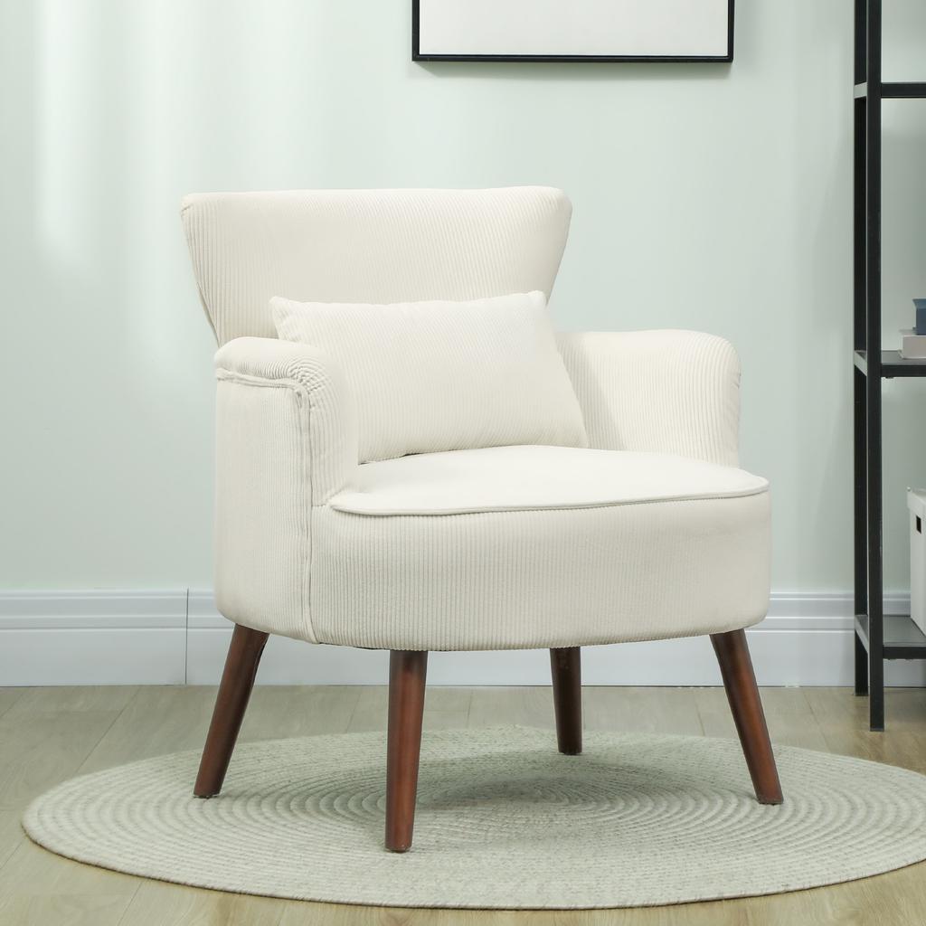 Modern Armchair, Upholstered Accent Chair with Lumbar Cushion, Rubberwood Legs, Cream White