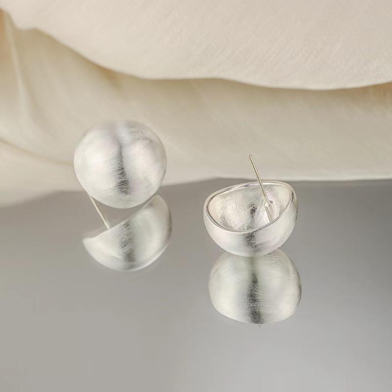 925 Silver Brushed Matte Round Ball Stud Earrings - Retro Hong Kong Style