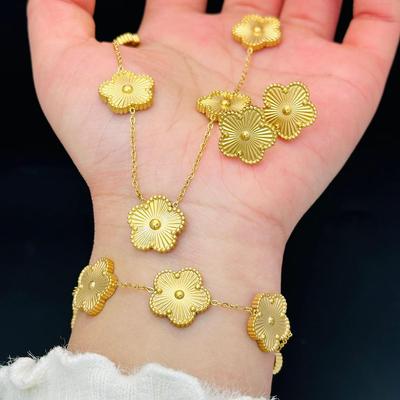 18k Gold Titanstahl Halskette & Armband Set mit Fünfblattklee Ohrsteckern - Damen Anlaufschmuck