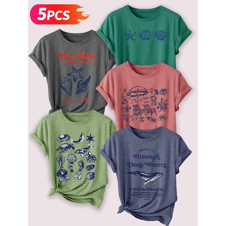 Follow a specific direction Five-piece set for women T Shirt with vintage ocean shell print Elegant Summer Party Outfits Short-sleeved shirt for work