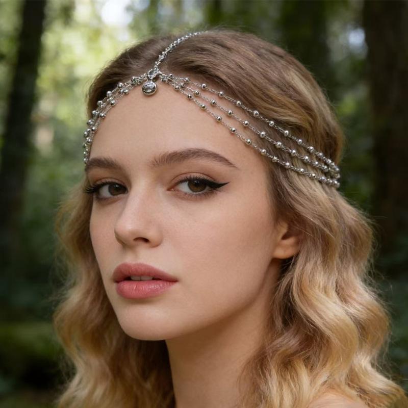 Fashion Bride Crystal Pendant Tassel Hair Chain For Women Exquisite Metal Geometric Multilayer Thin Head Chain Wedding Jewelry