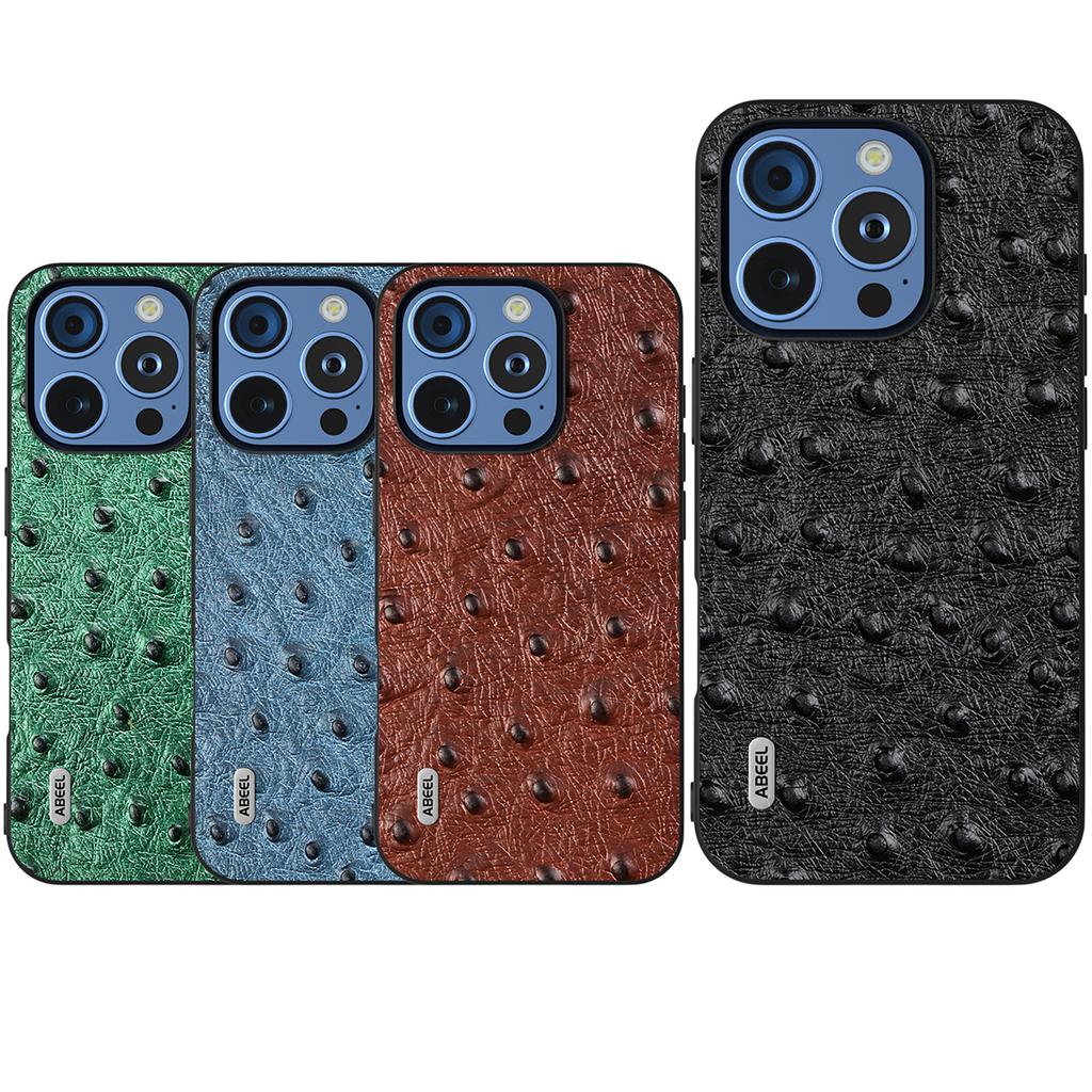 ABEEL For iPhone 16 Pro Case Ostrich Texture Genuine Cow Leather Back Phone Cover