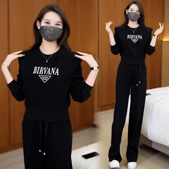 

2024 Plus Size Женский стильный утягивающий свитер и спортивные штаны, комплект из двух предметов на осень и зиму XL чёрный