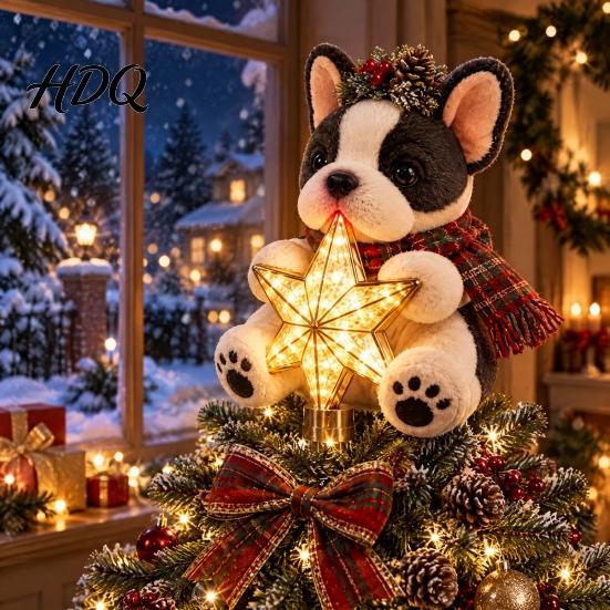 Cute Puppy Ornament Dog Christmas Tree Topper with Light Warm LED Star Plush Decoration Universal Base for Pet Lover Unique