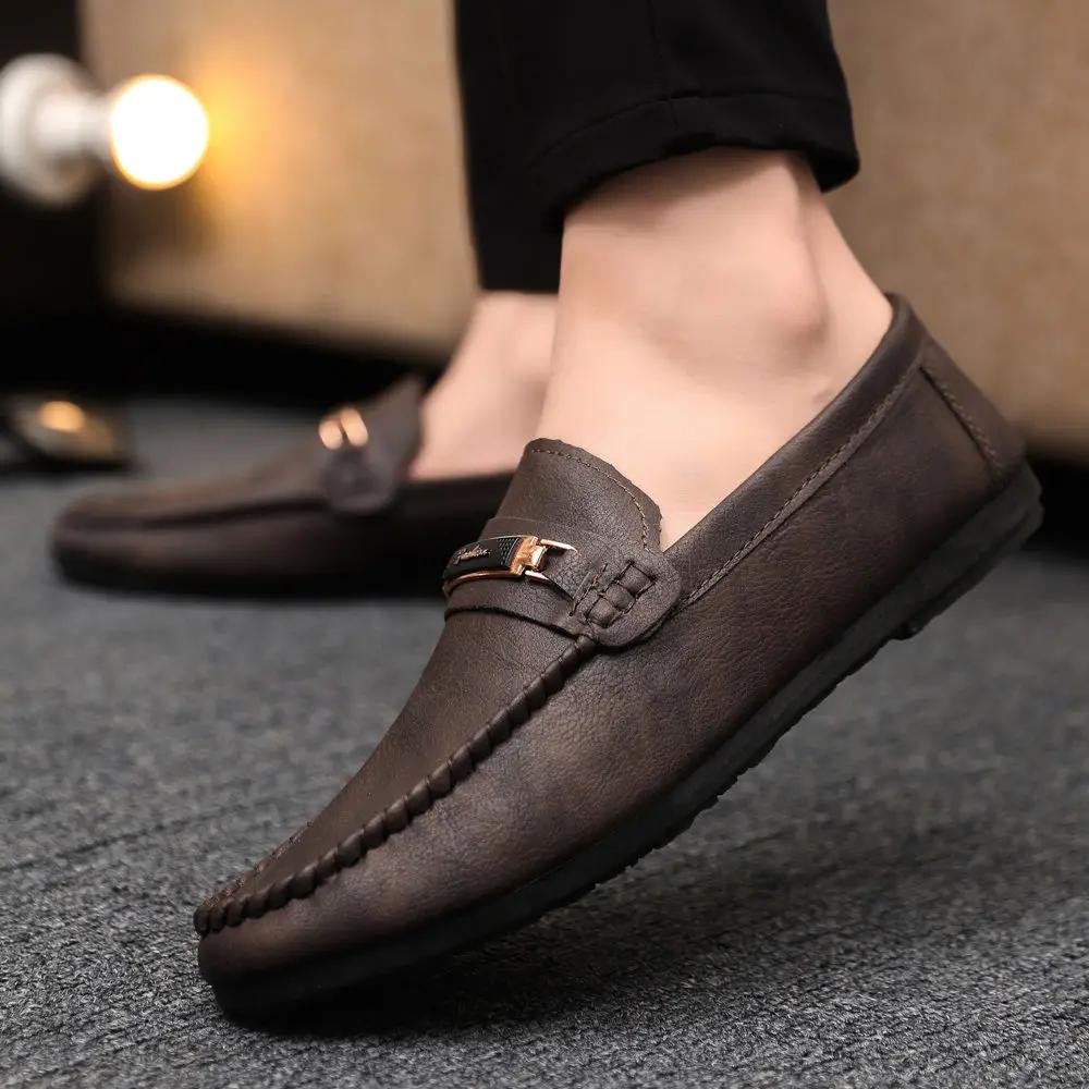 Fashion Round Toe Slip-on Flat Brown Men's Leather Shoes British Style Sale Pu High Quality Fashion Social Legitimate Male Casual Shoe