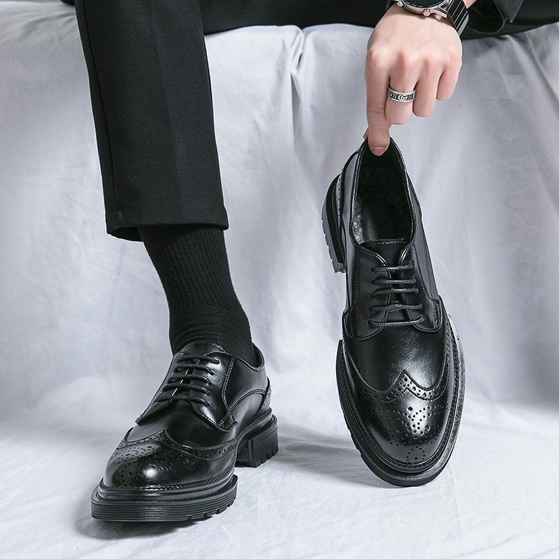 Foreign trade leather shoes men's hand scratching business dress shoes cowhide lace-up thick-soled British breathable groom wedding shoes
