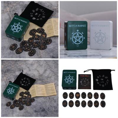 Solid Wood Rune Witch Rune Engraved Symbol for Personal Use and Gifting 14Pcs Rune Cards 1pc Bag 1 Storage Case