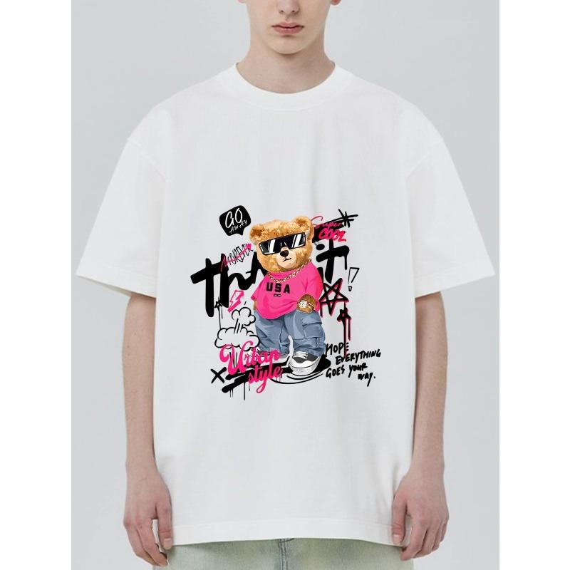 Black T Shirt with Bear Graphic and Pink Text Print for Casual Wear