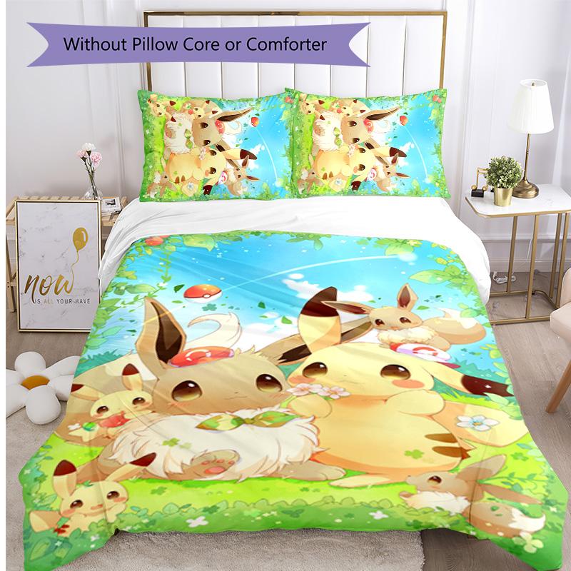 Pokémon Pattern Printed 3PCS Bedding Set, Soft Skin-Friendly Washable Duvet Cover & Pillowcases Set