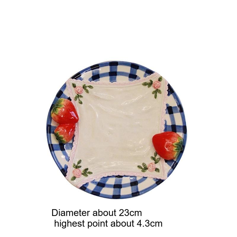 1pc Restaurant Utensils Retro Checkered Three-dimensional Strawberry Ceramic Underglaze Color Plates Dessert Plates Home Gifts