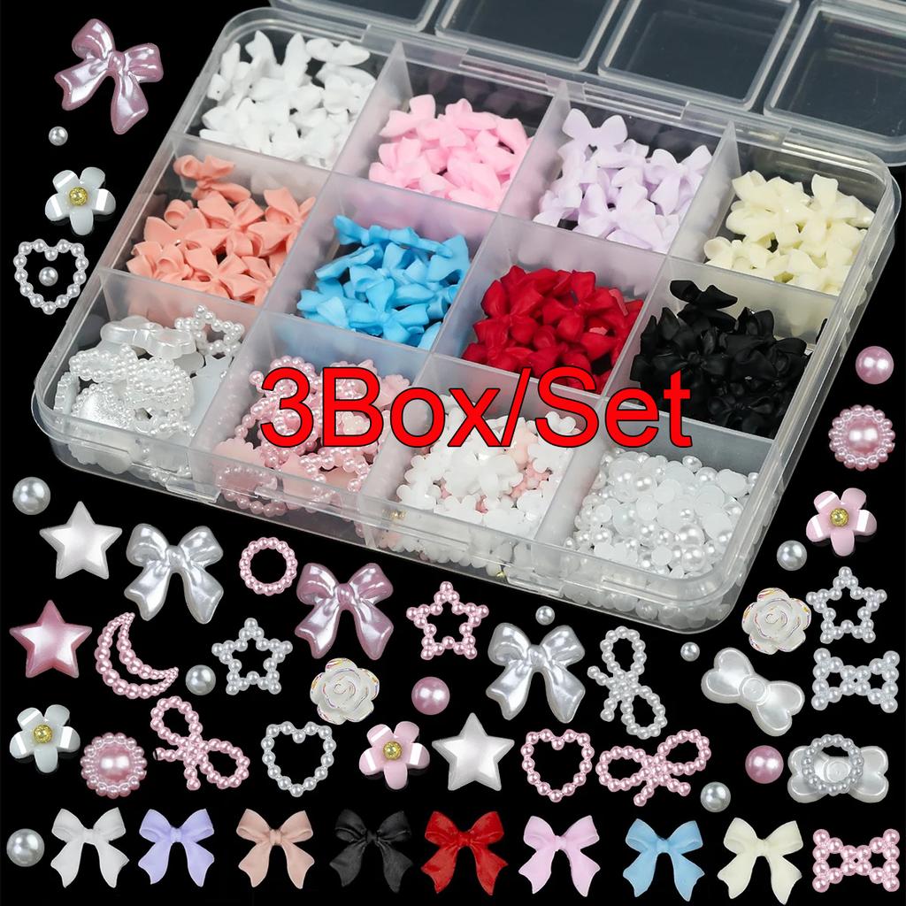 12Grids/box Mixed Resin Bowknot Nail Art Decorations 3D Acrylic Charms Kawaii Colorful Bow Rhinestone DIY Manicure Tools Parts