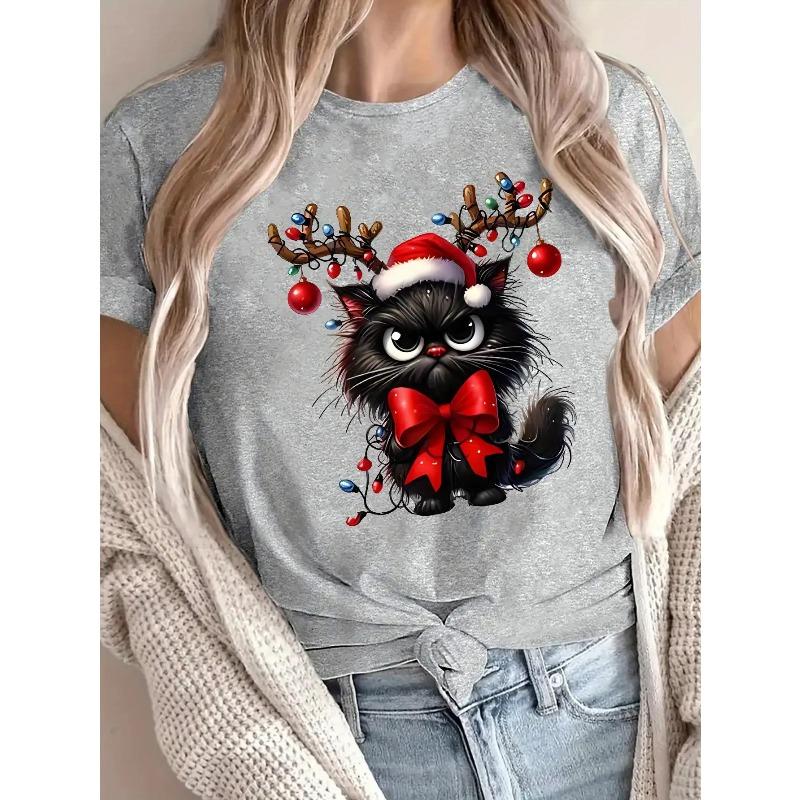 Women'S Christmas Cat T-Shirt with Santa Hat & Reindeer Antlers - Soft Short Sleeve Crew Neck Top, with Red Bow & Green Foliage Design,
