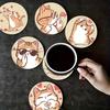 6Pcs Cute Wooden Cat Coaster, Cartoon Heat Insulation Mats for Table, Non Slip Drink Coasters for Coffee Cups