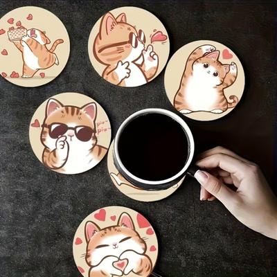 6Pcs Cute Wooden Cat Coaster, Cartoon Heat Insulation Mats for Table, Non Slip Drink Coasters for Coffee Cups