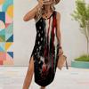 Women Plus Size U Neck Sleeveless Printed Midi Dress Abstract Gold Black High Side Slit
