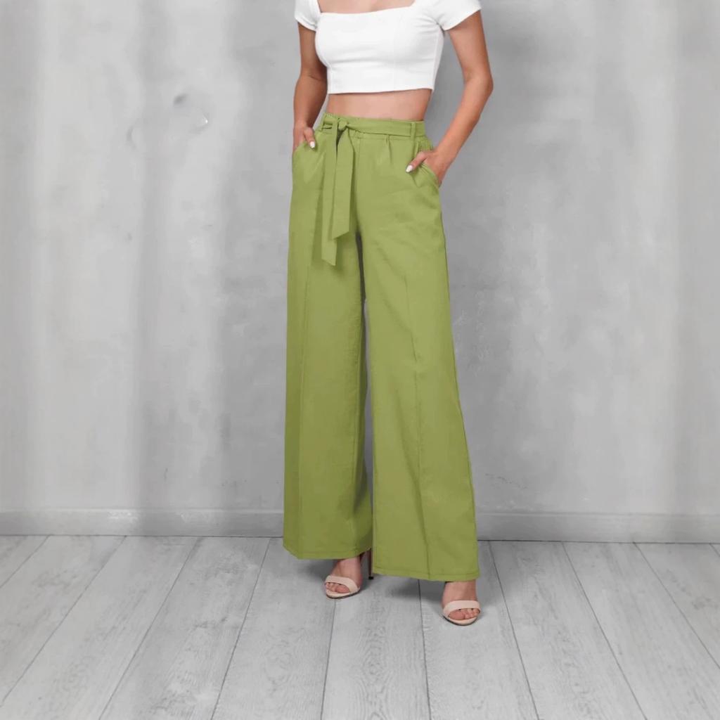 Women Tie Waist Wide Leg Pants Solid Color Casual Loose Fit Long Trousers