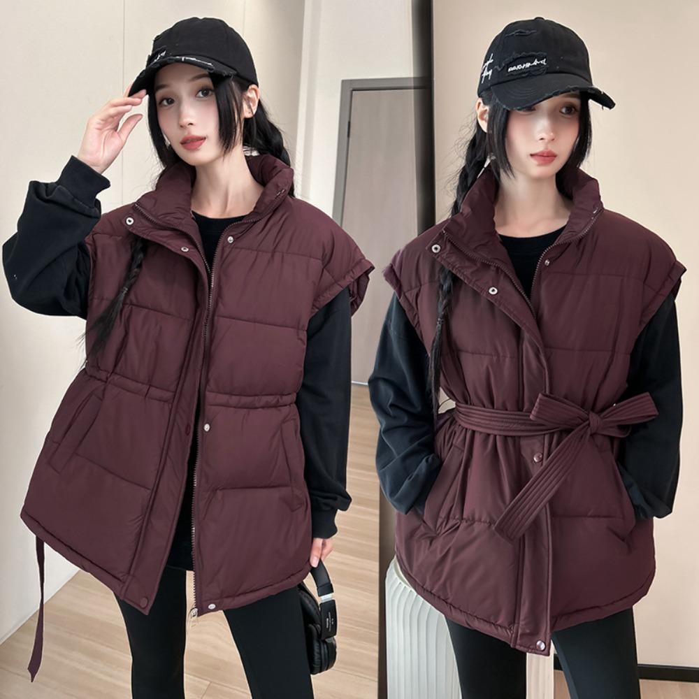 Damen ärmellose gesteppte Weste mit Stehkragen, lockerer Schnitt, Gilet mit Taillenband für Winter-Freizeitkleidung