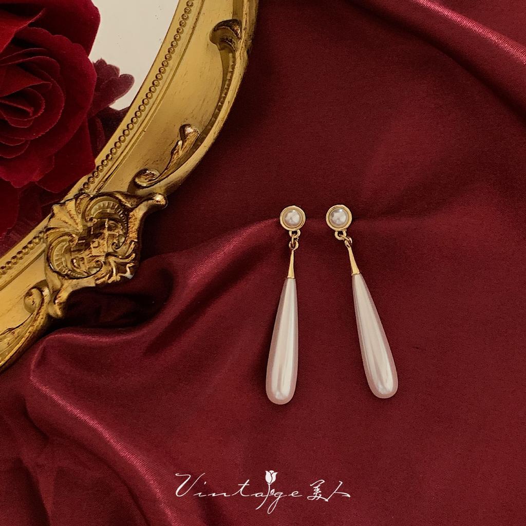 Silver Needle French Retro Pearl Water Drop Ear Women's Ring, Light Luxury Foreign Quality Face Skinny Long Earrings Earrings