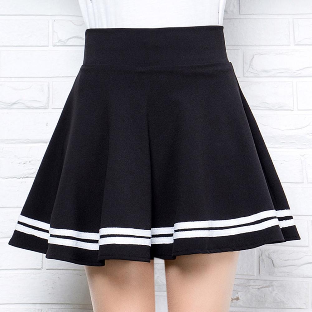 Fashion Womenswear Women Stripes Pleated Stretchy Pure Color High Waist School Mini Skirt