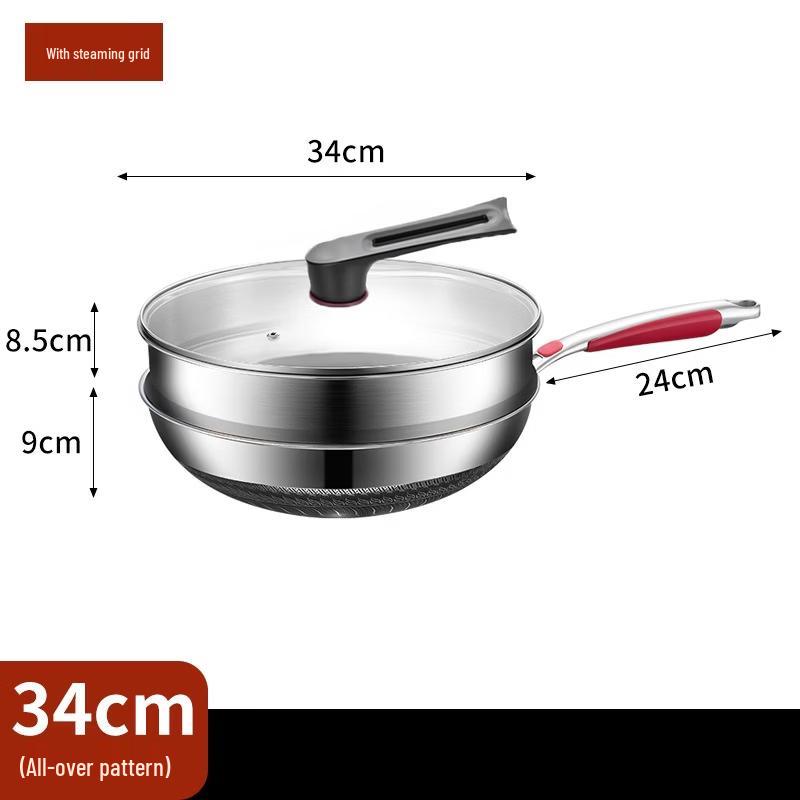 ZhiShi 34cm 304 Stainless Steel Honeycomb Wok with Steamer