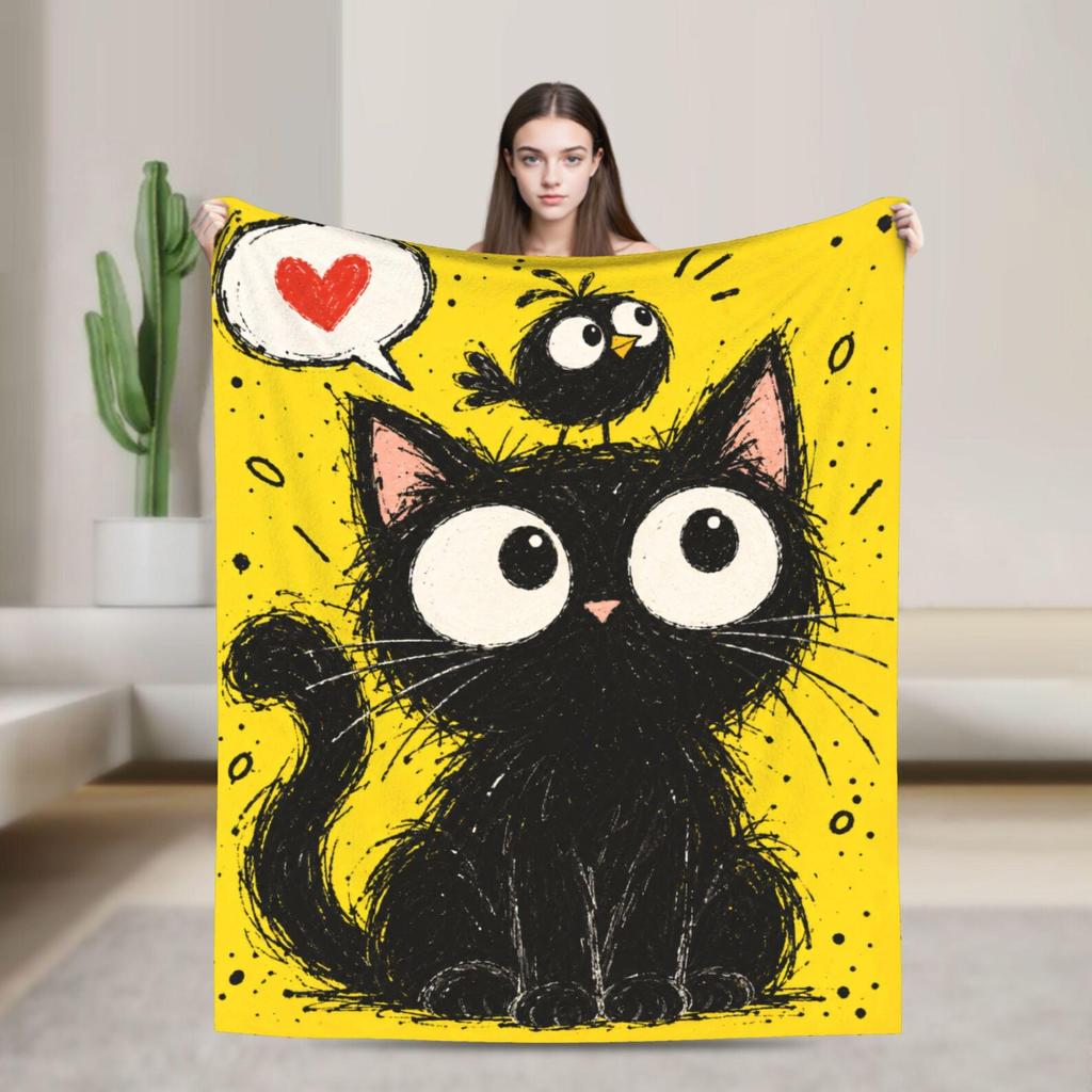 Custom Black Cat Bird Throw Blanket, Cartoon Art, Soft Flannel (Personalized Name)