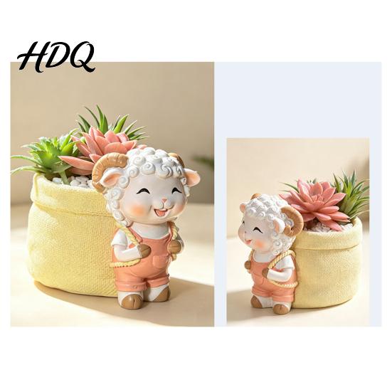 Desk Decorative Ornament Cute Lamb Planter, Cartoon Sheep Carring Bag Plant Pot, Lovely Shaped Decor Small Resin Flower Pot for Succulents,