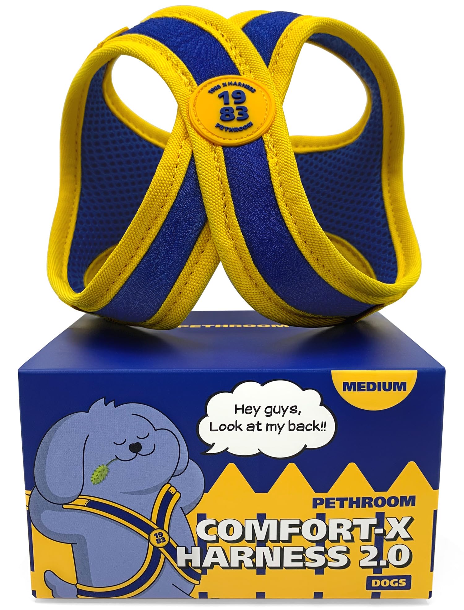 Pethroom Comfort Dog Harness, Yellow, Size M, 2.0, Hypoallergenic, Velcro, Curved Buckle, No Airway Compression, Breathable, for Walks and Training