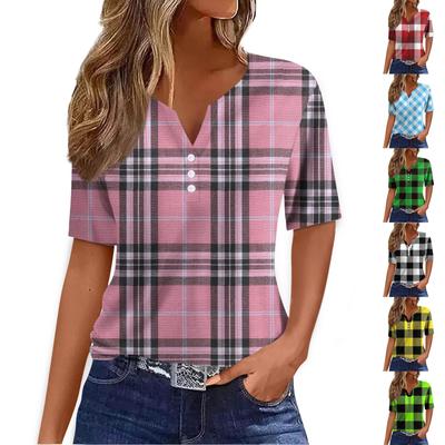 Damen-T-Shirt, T-Shirt, bedruckt, Knopfleiste, kurzärmelig, für den Alltag, Wochenende, modisch, Basic, V-Ausschnitt, normales Oberteil